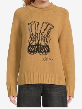 L.L. Bean Mustard Crewneck Sweater with Black Boot Motif
